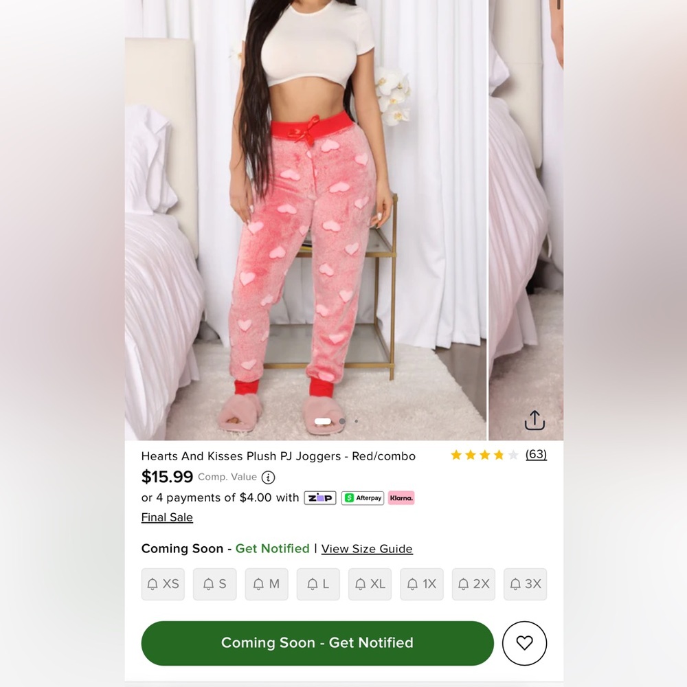 Fashion Nova sold out Pink Heart Plush Pajama bottom